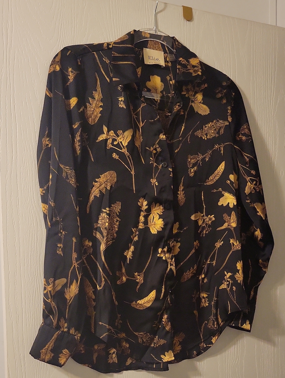 Stunning Elie Tahari Black Shirt with Gold Botanical Print